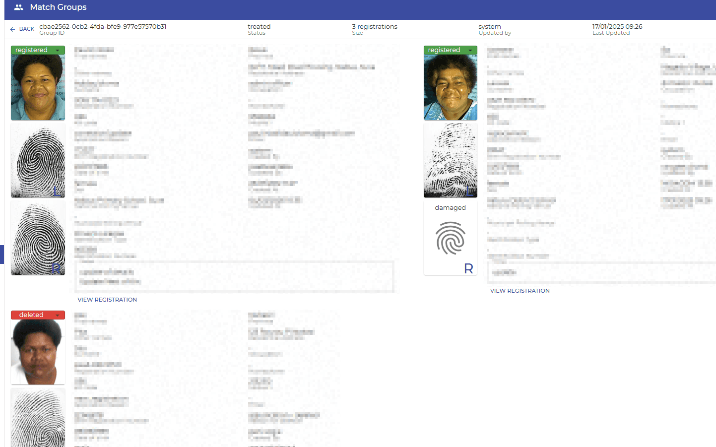 Overzicht van een potentiële biometrische match in de webapplicatie.