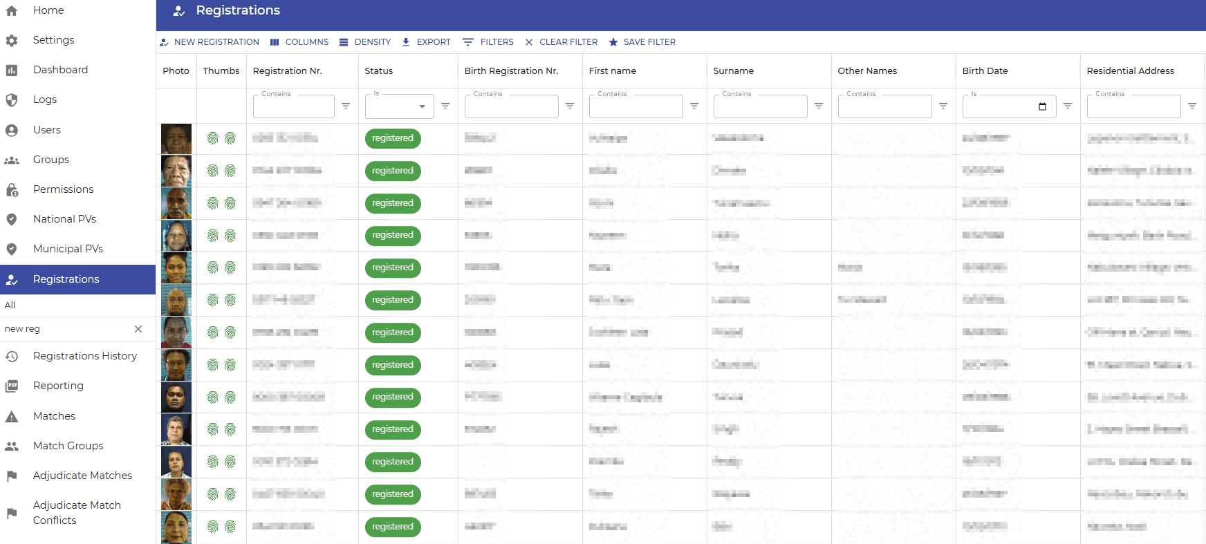 Overzicht van registraties in de webapplicatie.